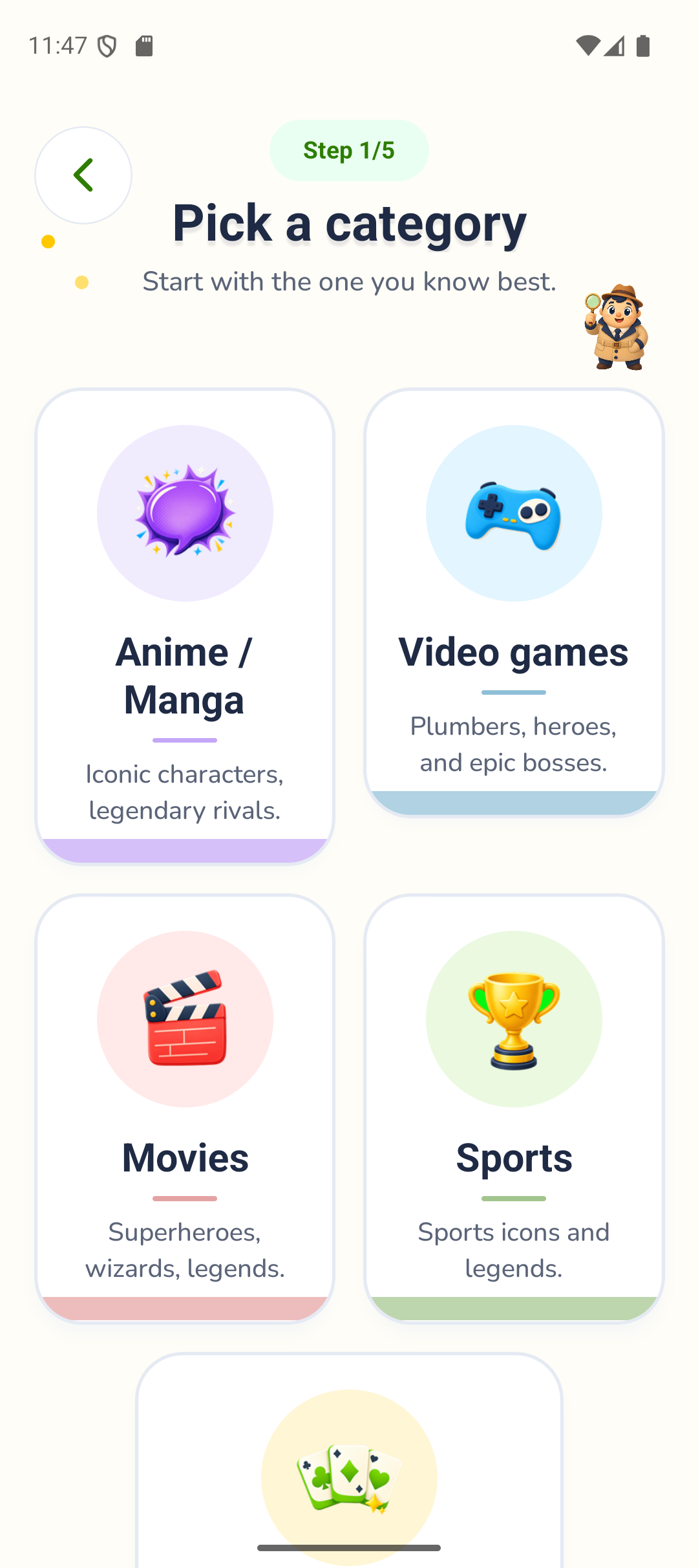 Bluffy category selection screen